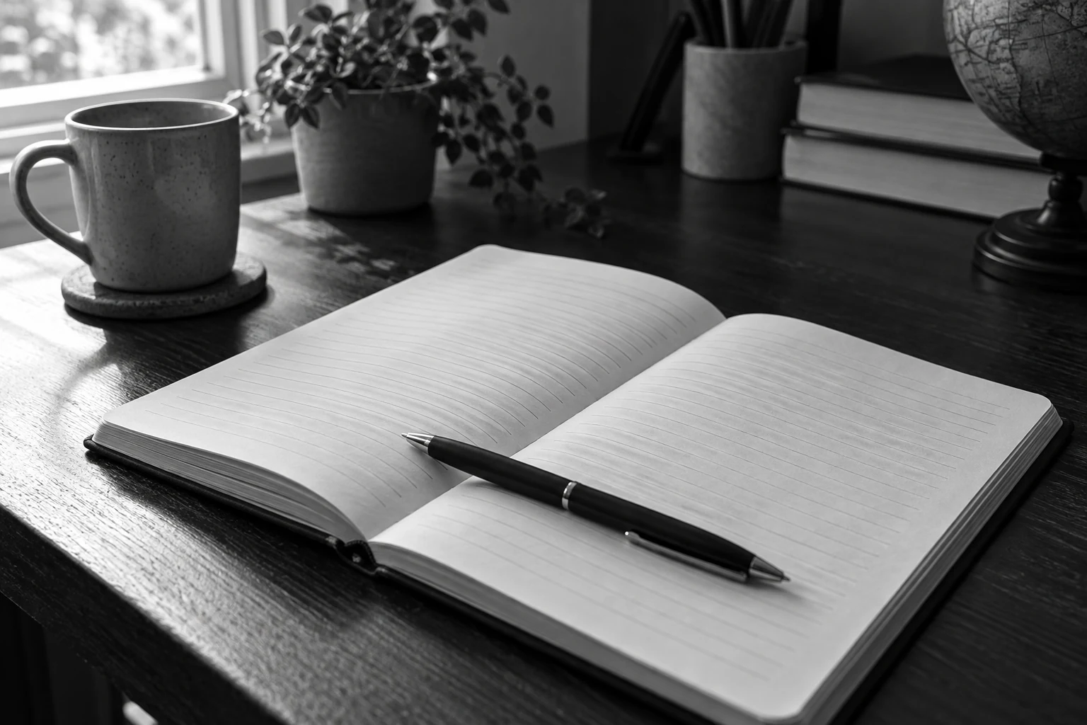 Caderno e caneta sobre uma mesa de estudos