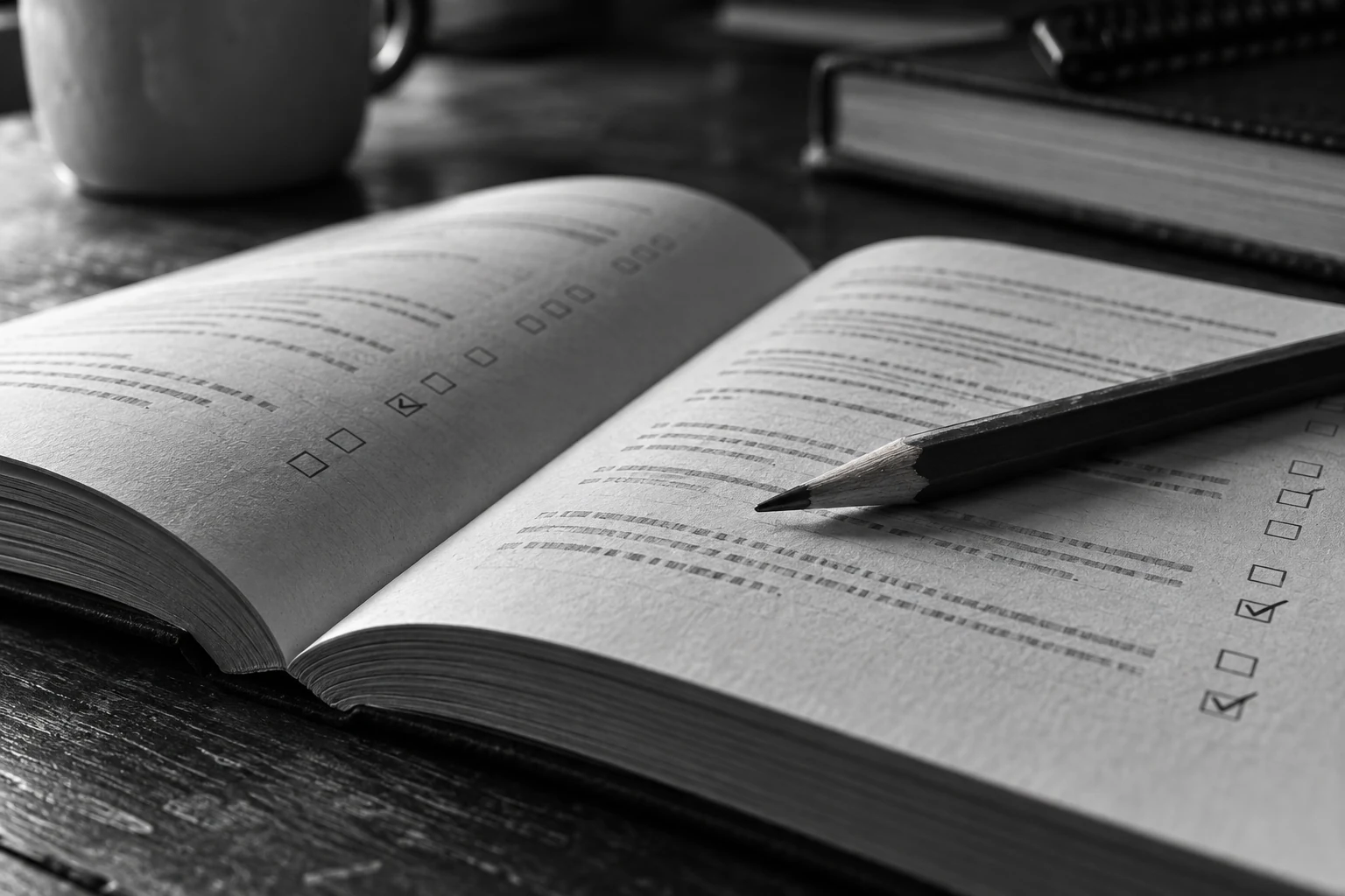 Livro aberto com uma caneta apoiada sobre as páginas