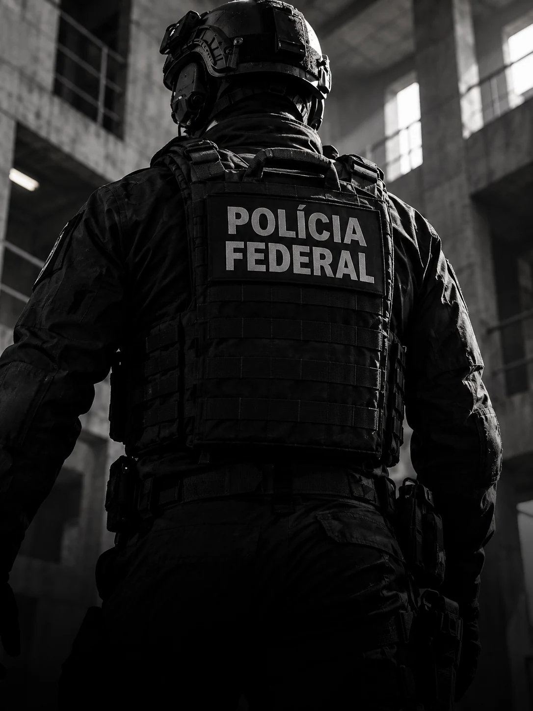 Cena ilustrativa de um agente com colete Polícia Federal em um ambiente de treinamento.